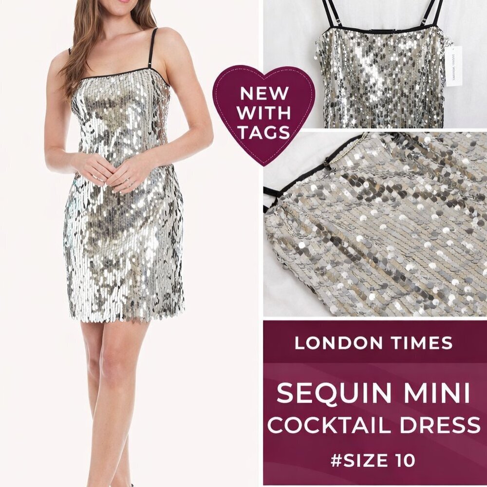 London Times Silver Disc Sequin Mini Dress NWT Size 10 Party Date Night Disco